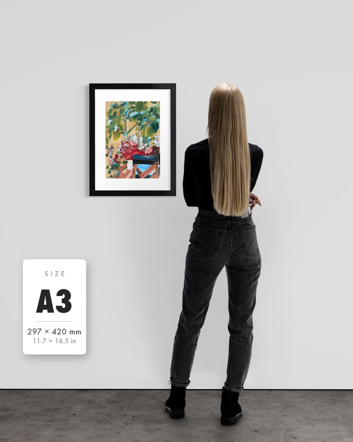 Waiting For Me — A3 (297 x 420 mm) black frame art print shown to scale beside a person, with a size guide card. | an:family=print;role=sizeref;size=A3;finish=black