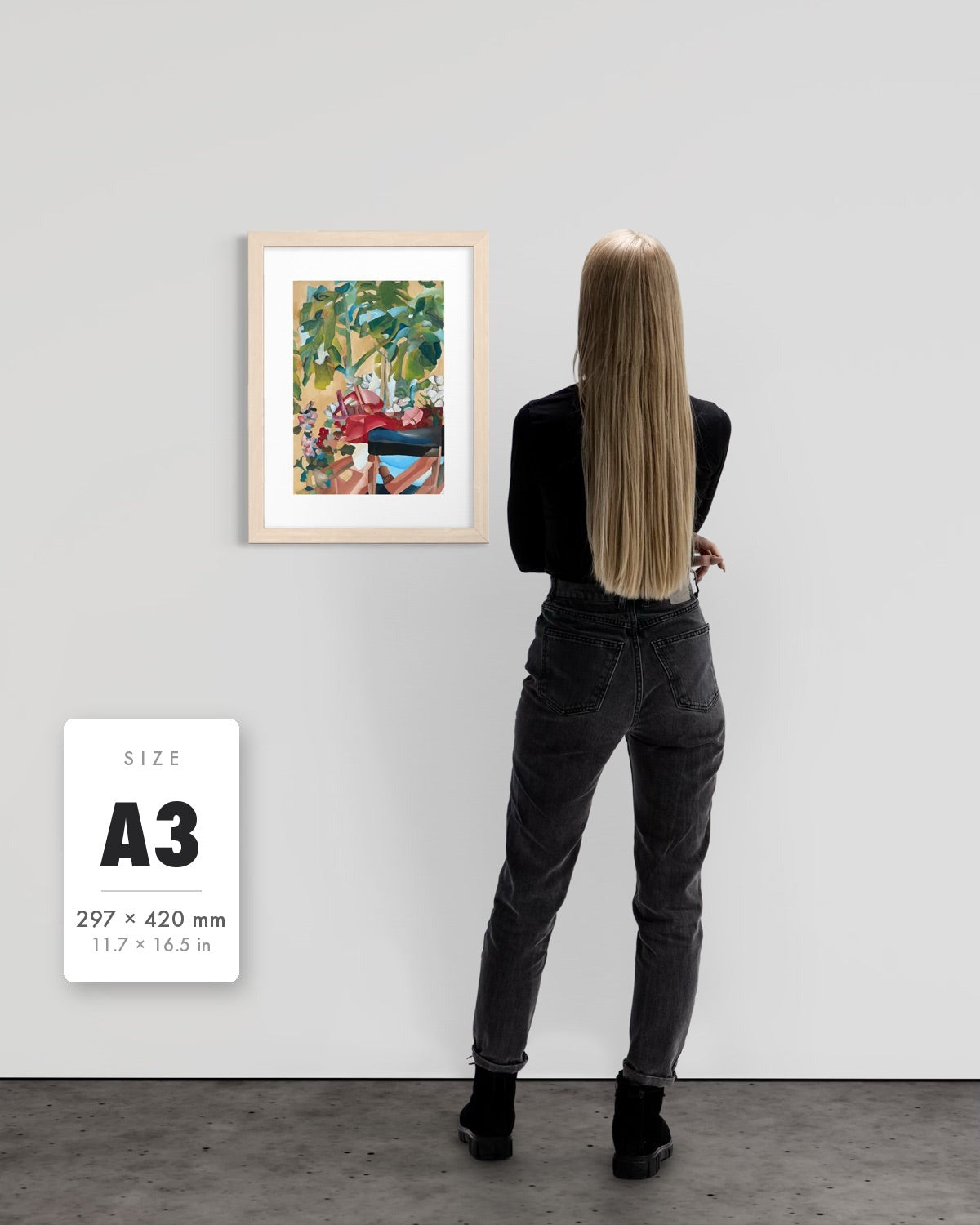 Waiting For Me — A3 (297 x 420 mm) natural frame art print shown to scale beside a person, with a size guide card. | an:family=print;role=sizeref;size=A3;finish=natural