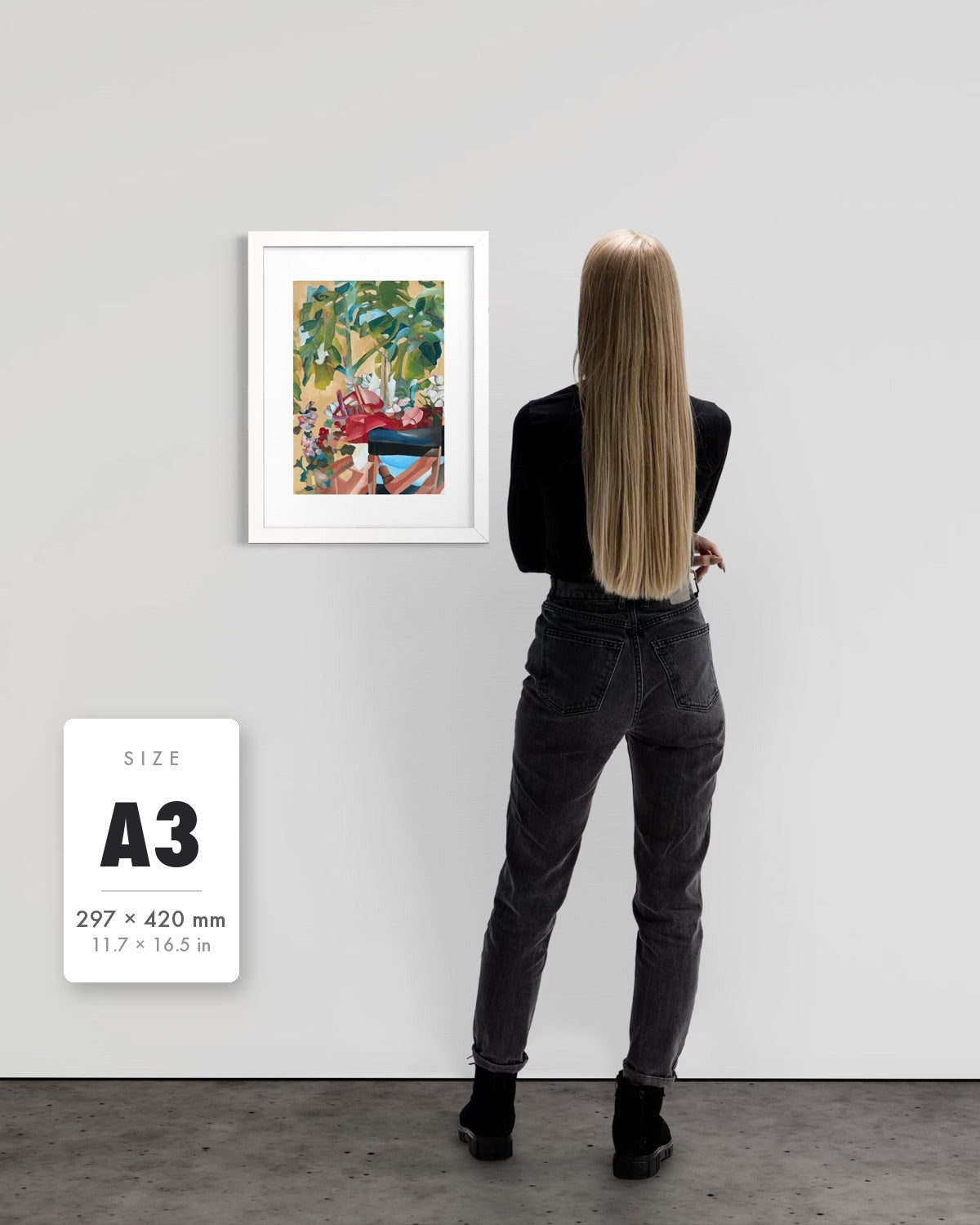Waiting For Me — A3 (297 x 420 mm) white frame art print shown to scale beside a person, with a size guide card. | an:family=print;role=sizeref;size=A3;finish=white