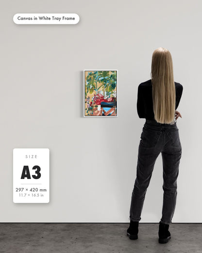Andrea Nicole 'Waiting For Me' fine art canvas in a white tray float frame, A3 — shown to scale on a gallery wall with a size guide card. | an:family=canvas;role=sizeref;size=A3;finish=white