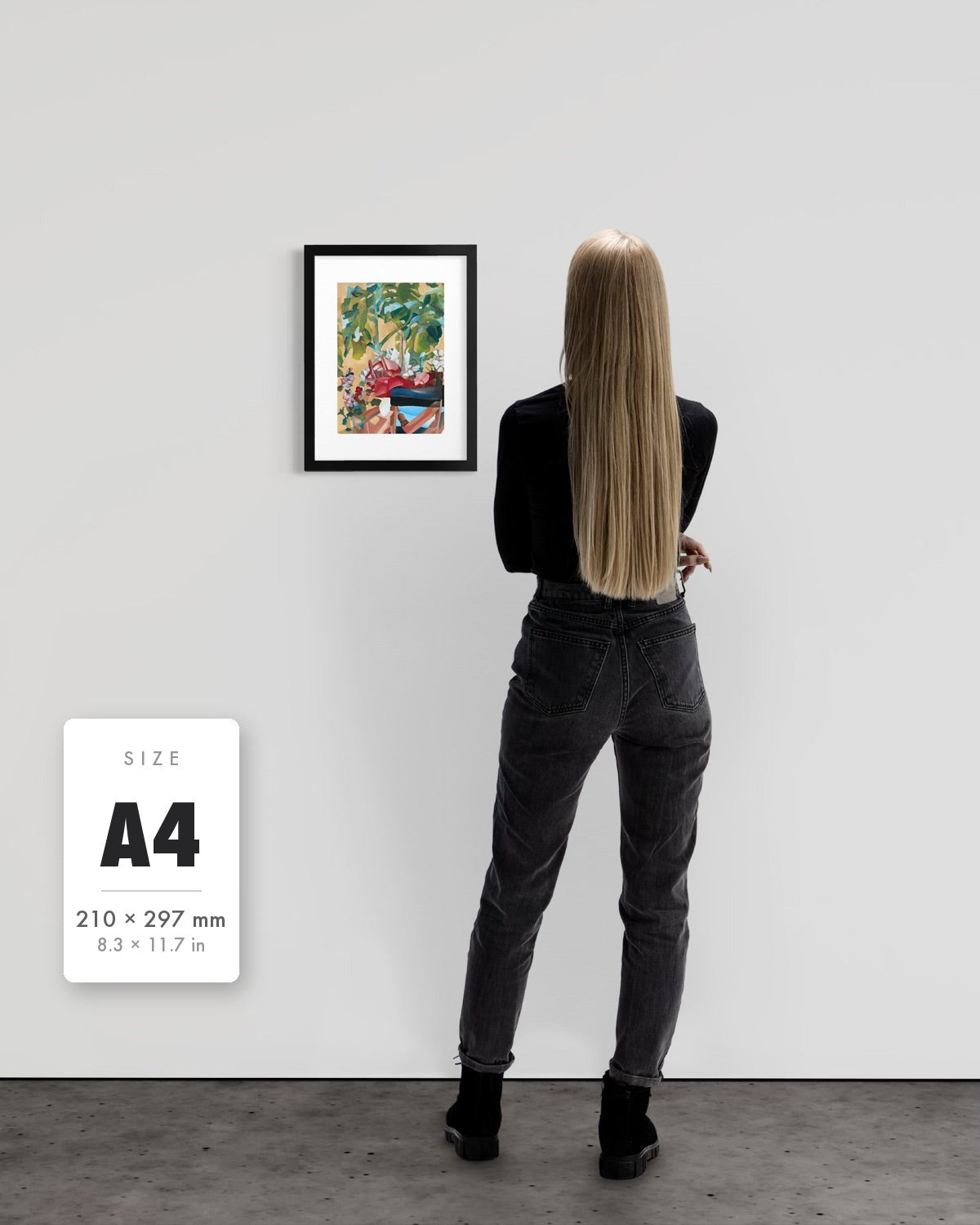 Waiting For Me — A4 (210 x 297 mm) black frame art print shown to scale beside a person, with a size guide card. | an:family=print;role=sizeref;size=A4;finish=black