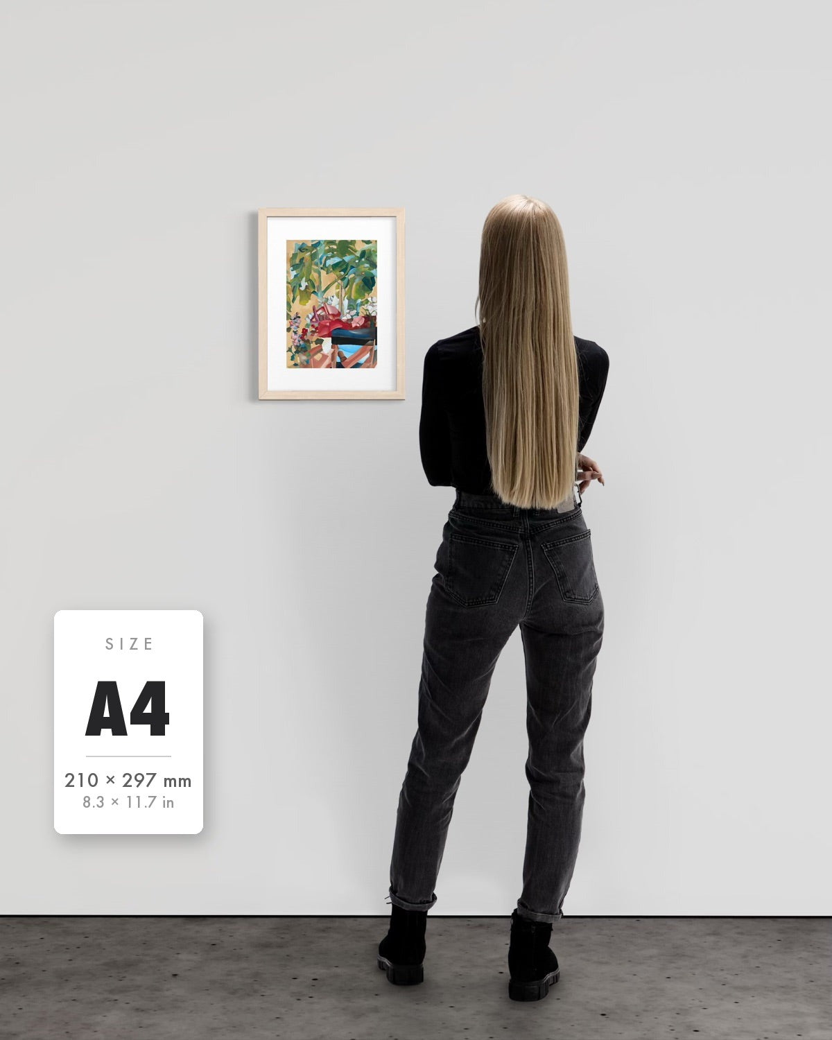 Waiting For Me — A4 (210 x 297 mm) natural frame art print shown to scale beside a person, with a size guide card. | an:family=print;role=sizeref;size=A4;finish=natural