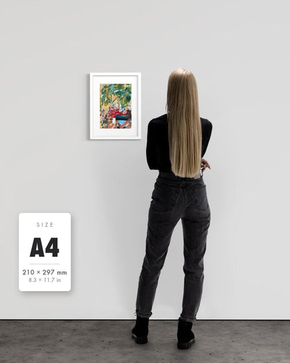 Waiting For Me — A4 (210 x 297 mm) white frame art print shown to scale beside a person, with a size guide card. | an:family=print;role=sizeref;size=A4;finish=white