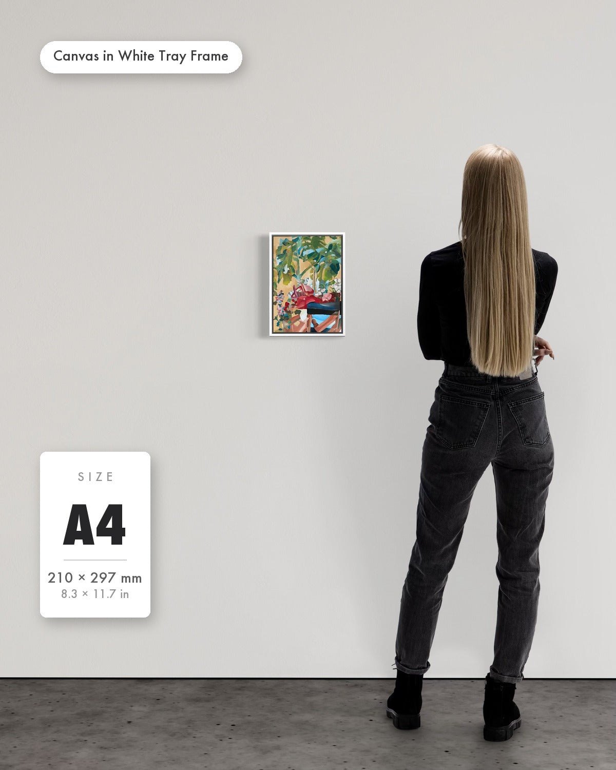 Andrea Nicole 'Waiting For Me' fine art canvas in a white tray float frame, A4 — shown to scale on a gallery wall with a size guide card. | an:family=canvas;role=sizeref;size=A4;finish=white