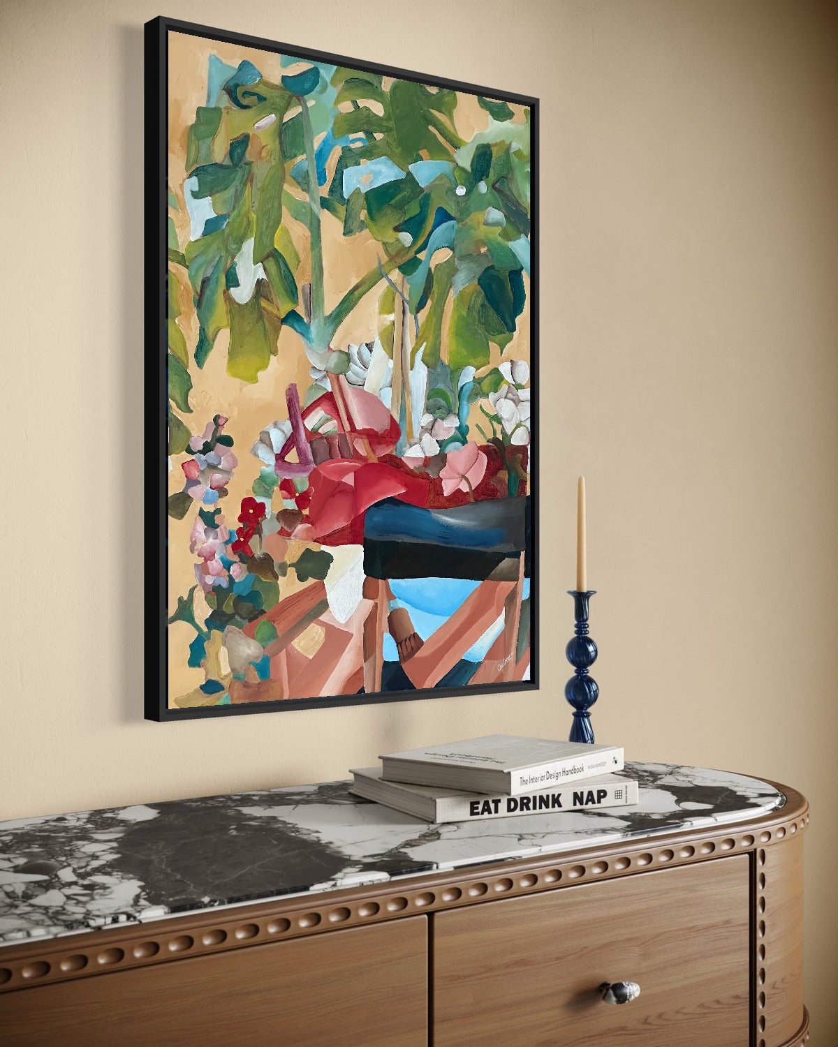 Andrea Nicole 'Waiting For Me' fine art canvas in a black tray float frame, shown on the wall in a styled room setting. | an:family=canvas;role=hero;finish=black;scene=black_5