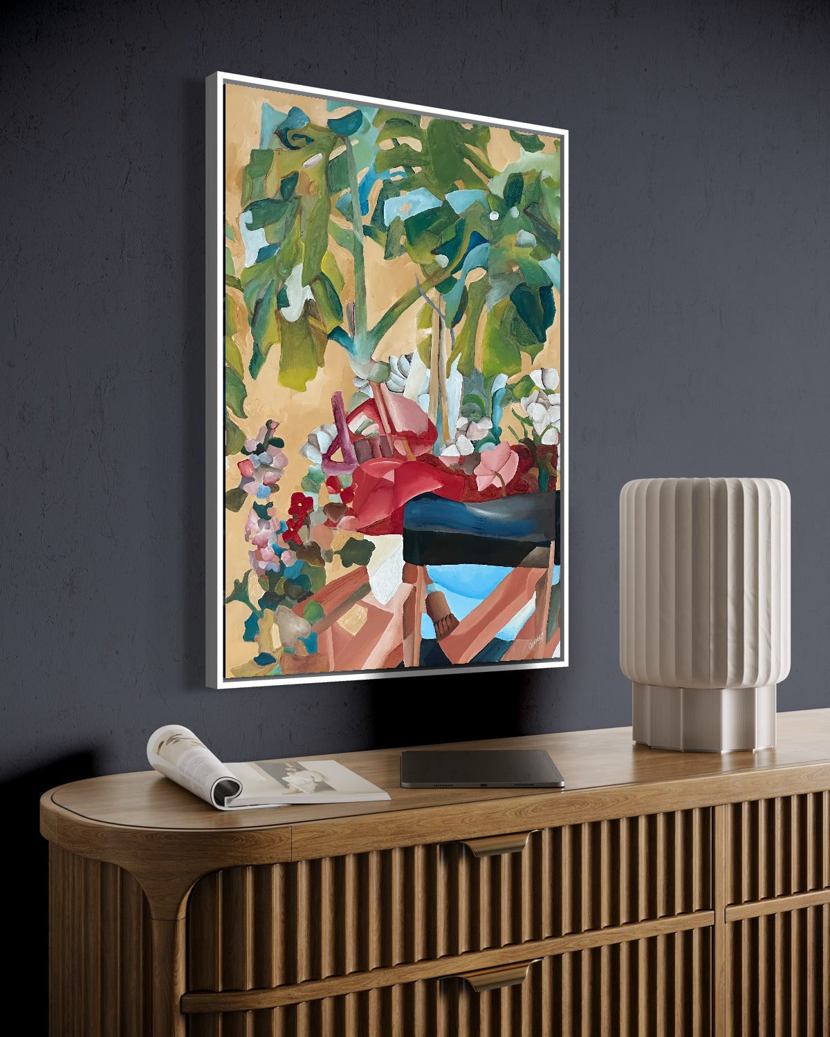 Andrea Nicole 'Waiting For Me' fine art canvas in a white tray float frame, shown on the wall in a styled room setting. | an:family=canvas;role=hero;finish=white;scene=white_2