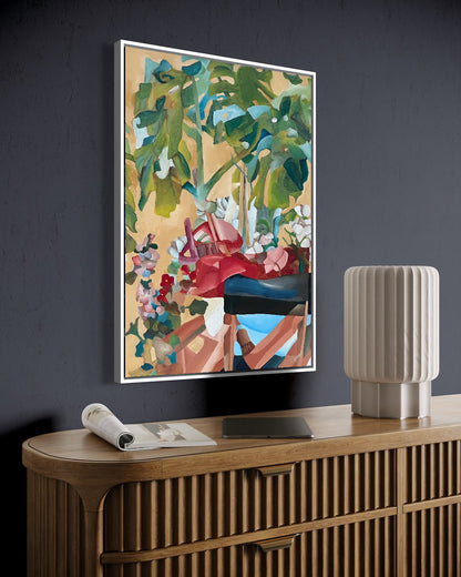 Andrea Nicole 'Waiting For Me' fine art canvas in a white tray float frame, shown on the wall in a styled room setting. | an:family=canvas;role=hero;finish=white;scene=white_2
