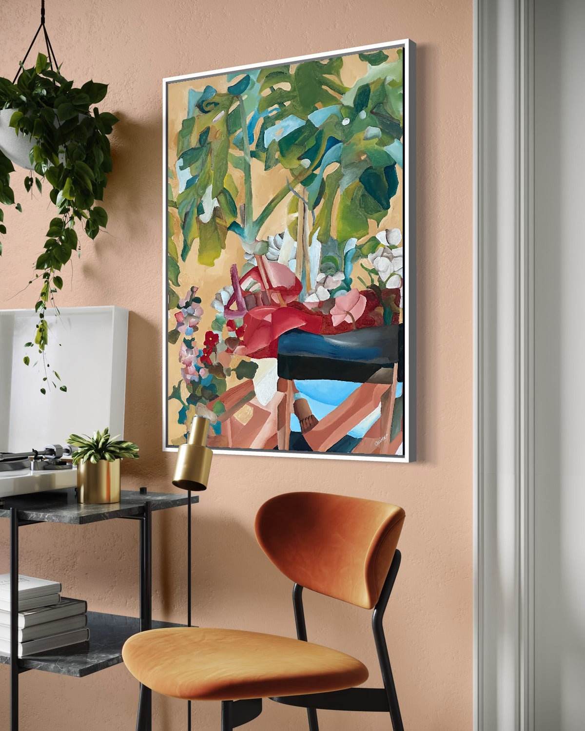 Andrea Nicole 'Waiting For Me' fine art canvas in a white tray float frame, shown on the wall in a styled room setting. | an:family=canvas;role=hero;finish=white;scene=white_3