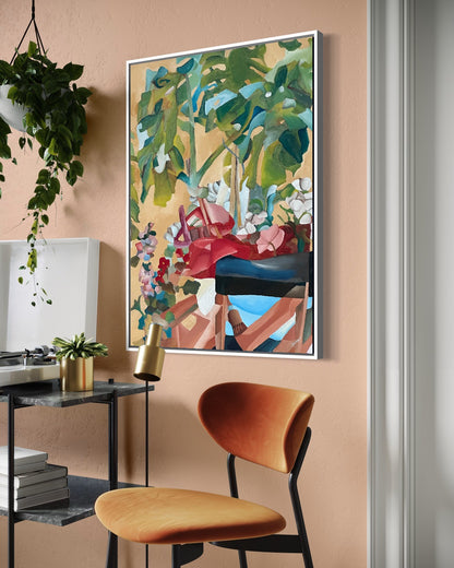 Andrea Nicole 'Waiting For Me' fine art canvas in a white tray float frame, shown on the wall in a styled room setting. | an:family=canvas;role=hero;finish=white;scene=white_3