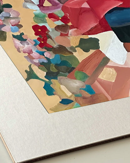 Andrea Nicole 'Waiting For Me' giclée fine art print in an off-white window mount, shown corner-on so the bevel-cut window opening, 100% cotton paper and mount board are visible. | an:family=print;role=mount